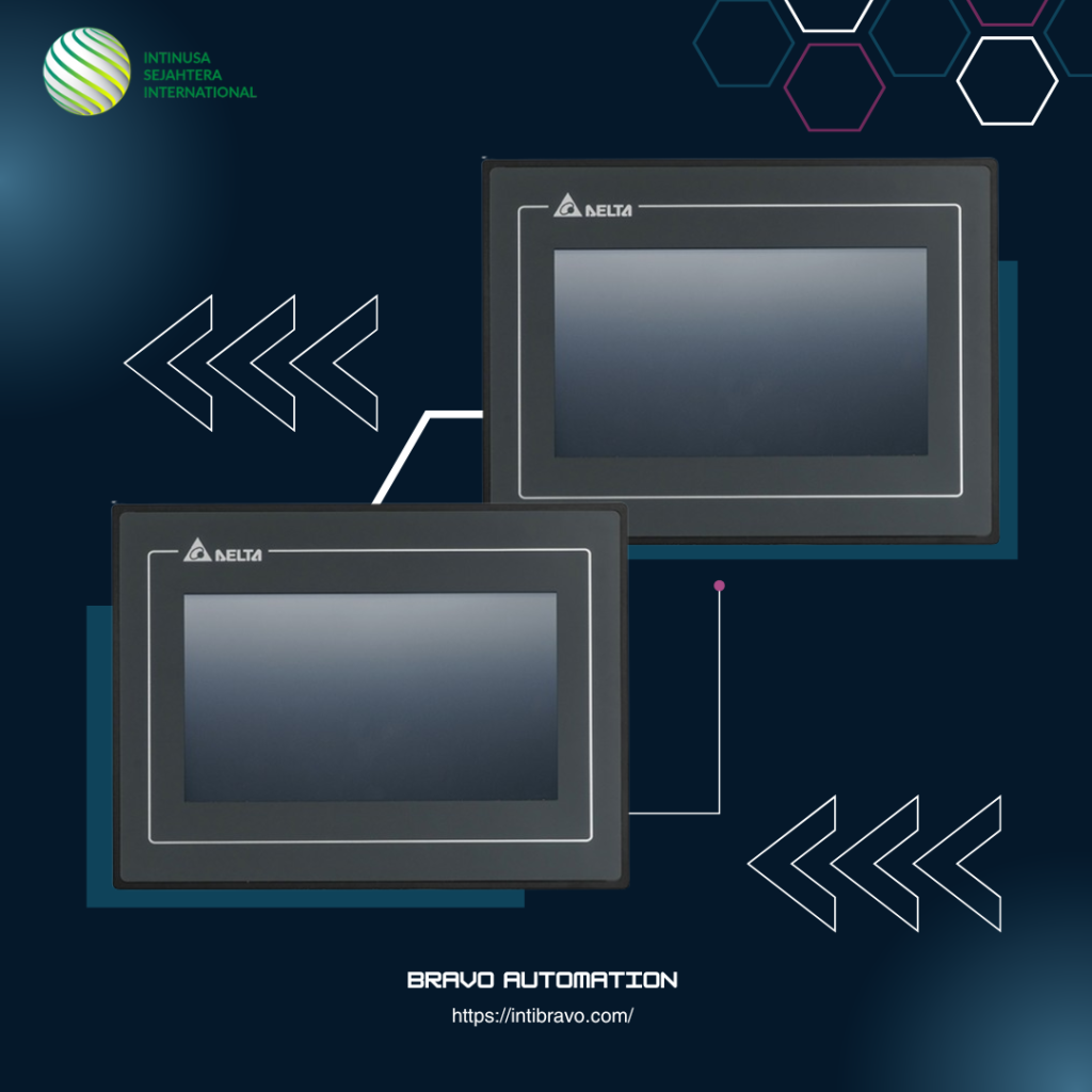Dua unit HMI Delta DOP-110IS panel touchscreen industri dengan desain modern pada background biru dari Bravo Automation.