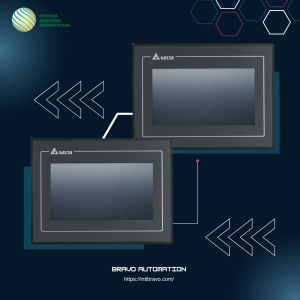 Dua unit HMI Delta DOP-110IS panel touchscreen industri dengan desain modern pada background biru dari Bravo Automation.