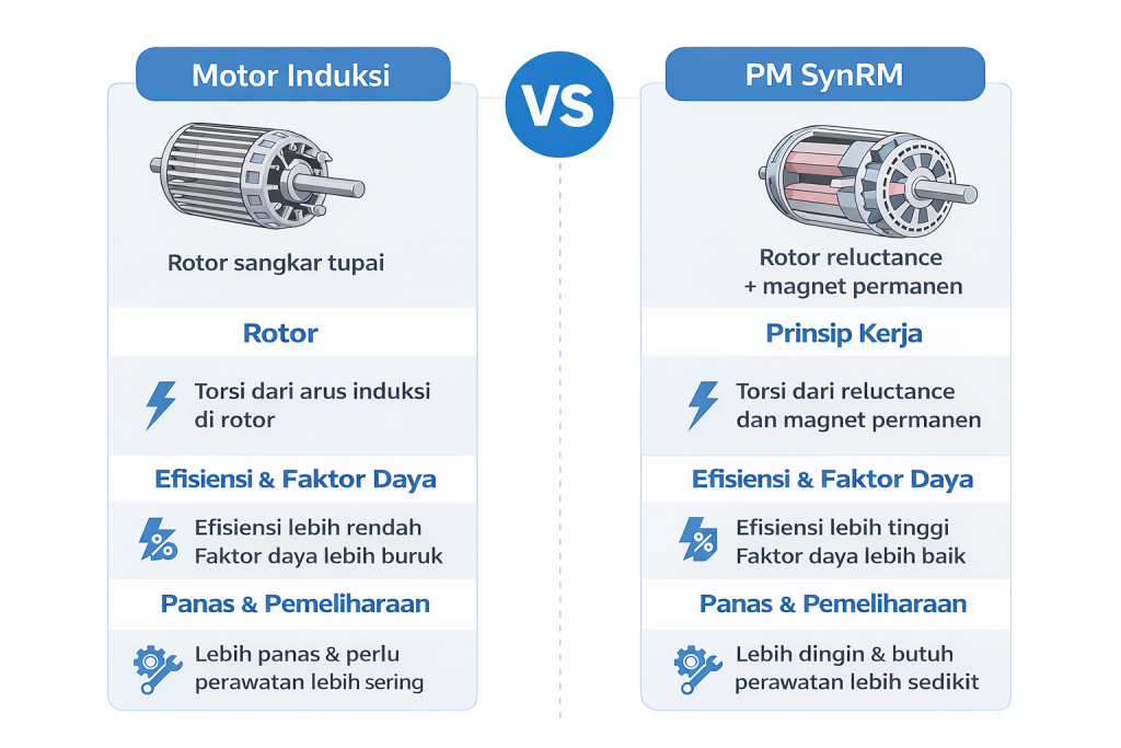 Diagram perbandingan Permanent Magnet Synchronous Reluctance Motor dan motor induksi dalam efisiensi, desain rotor, dan performa industri