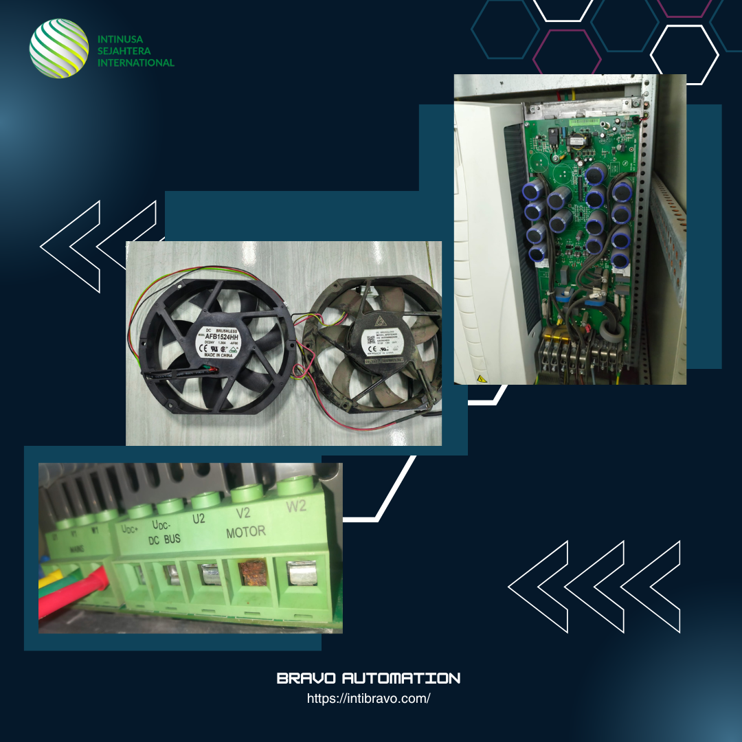 Kondisi inverter VFD industri yang mengalami penumpukan debu, fan pendingin kotor, dan korosi pada terminal akibat lingkungan kerja yang tidak terawat.
